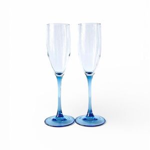 Set of 2 Luminarc Verrerie d'arques France Champagne Flutes w/Blue Stem